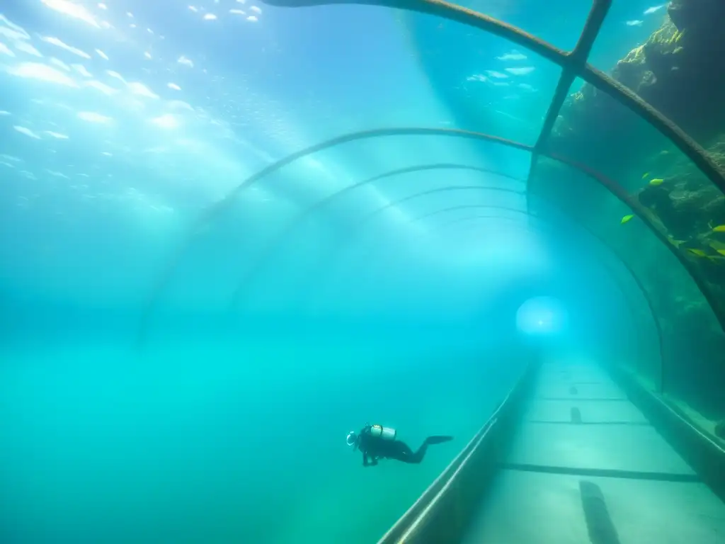 Desarrollos recientes túneles subacuáticos: túnel transoceánico moderno bajo el agua, iluminado por luz suave, rodeado de peces coloridos