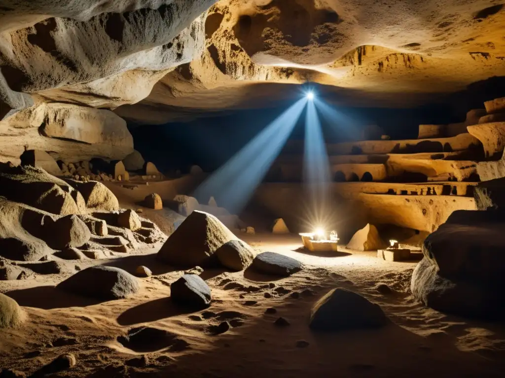 Descubrimientos cuevas Atapuerca ancestros: Intrigante gruta subterránea con formaciones rocosas y artefactos antiguos entre luces y sombras