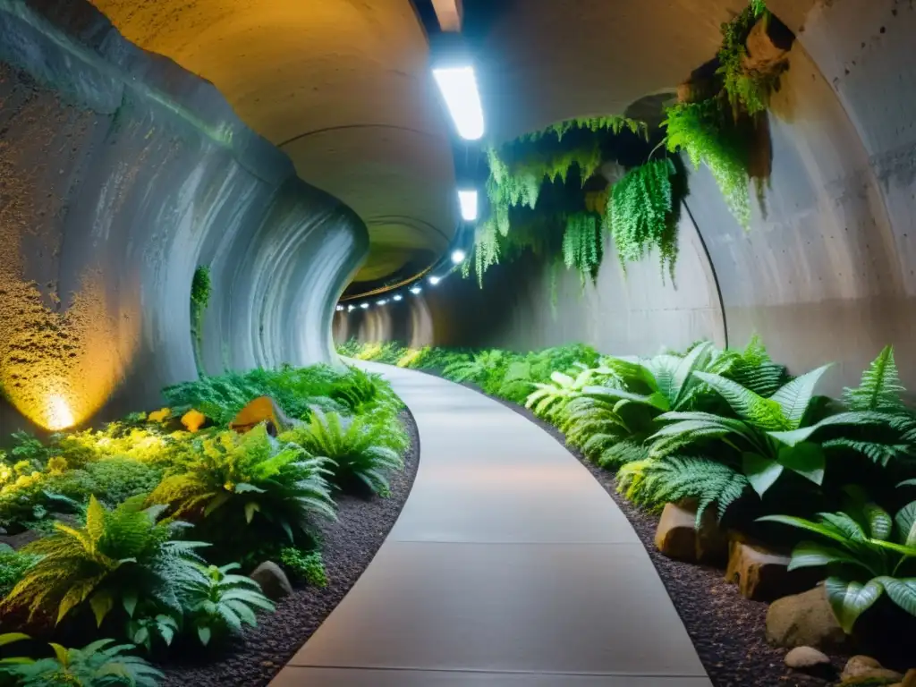 Deslumbrante túnel subterráneo con vegetación exuberante y luces suaves, integración de espacios naturales subterráneos