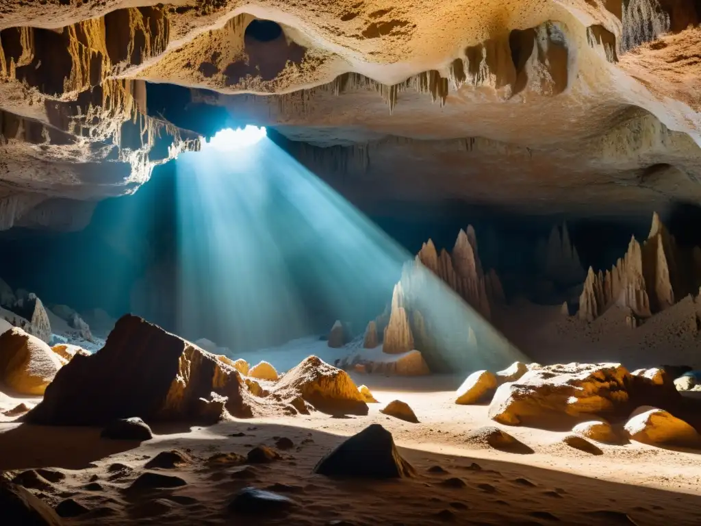 Explora destinos subterráneos asombrosos viajeros intrépidos en una cueva con estalactitas, estalagmitas, y rayo de luz natural