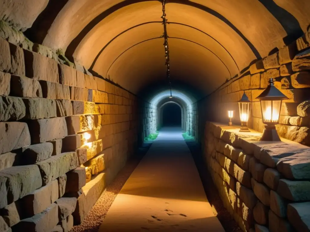 Réplica detallada de un antiguo túnel, con paredes de piedra envejecida, tallas intrincadas y antorchas iluminando el pasadizo