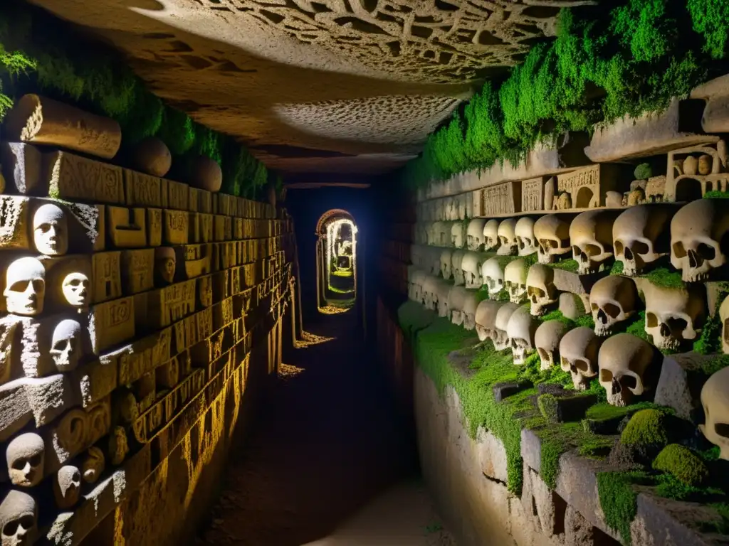 Detallada foto de las esculturas y grabados de las Catacumbas de París, revelando la belleza inquietante y la historia de este laberinto subterráneo