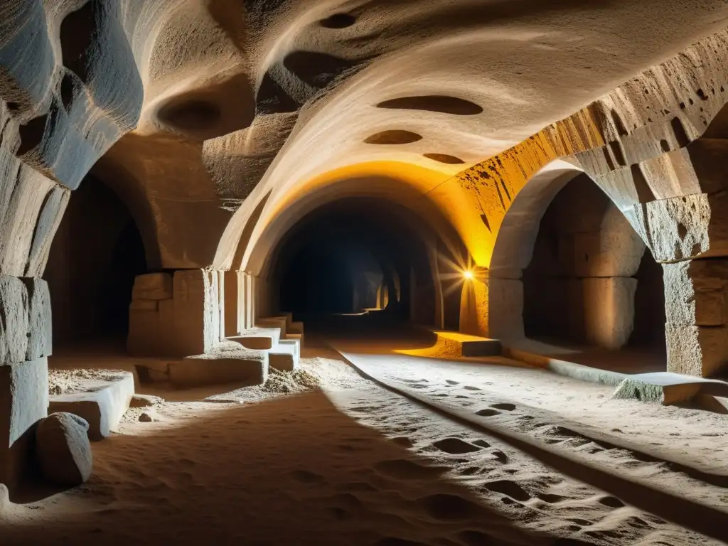 Detallada imagen de la ingeniería antigua ciudad subterránea Derinkuyu, revelando sus intrincados túneles y cámaras iluminados por la luz y la sombra