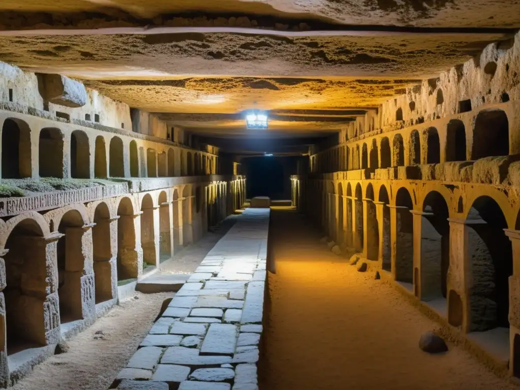 Catacumbas de San Calixto: Misterio y belleza Detallada imagen de las catacumbas de San Calixto, revelando antiguas tumbas y frescos que narran la historia cristiana