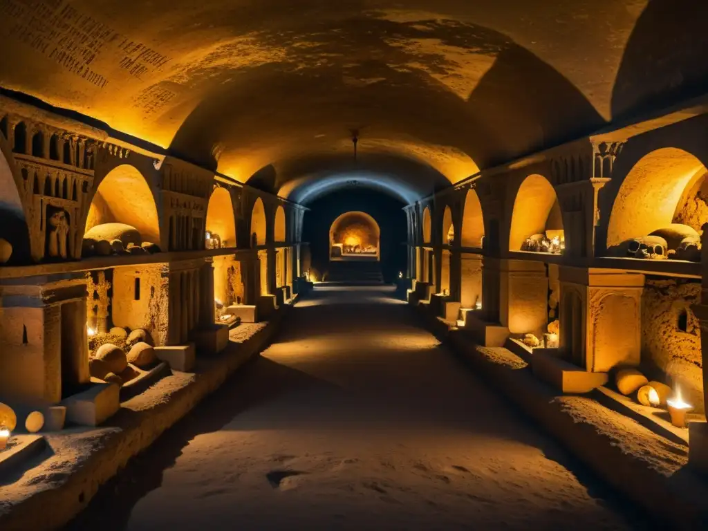 Detallada imagen de catacumbas romanas con rituales funerarios en Roma