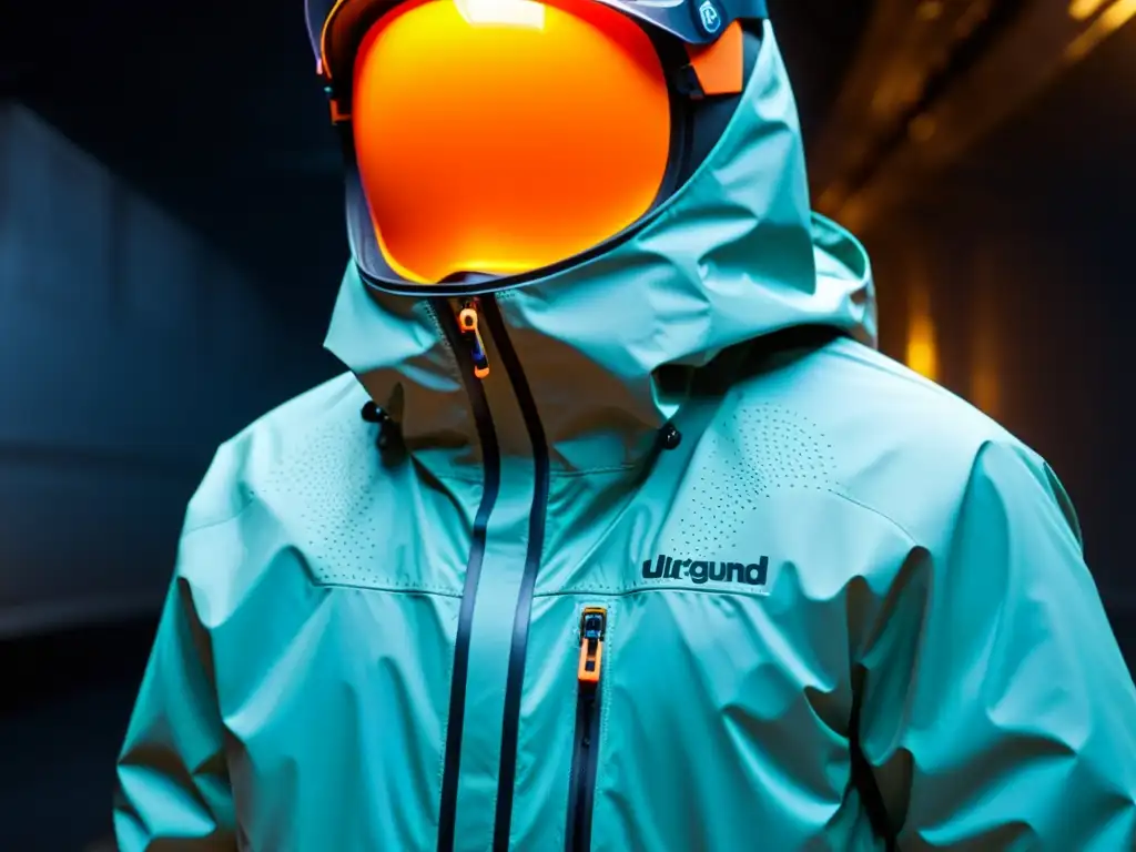 Chaqueta impermeable de alta calidad resistente a la humedad subterránea Detallada imagen de chaqueta resistente a la humedad subterránea, con gotas de agua en el tejido