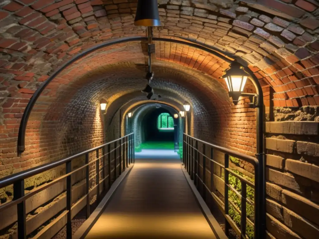 Réplica detallada de túnel histórico subterráneo con ladrillos, linternas y ambiente cautivador de misterio y luz