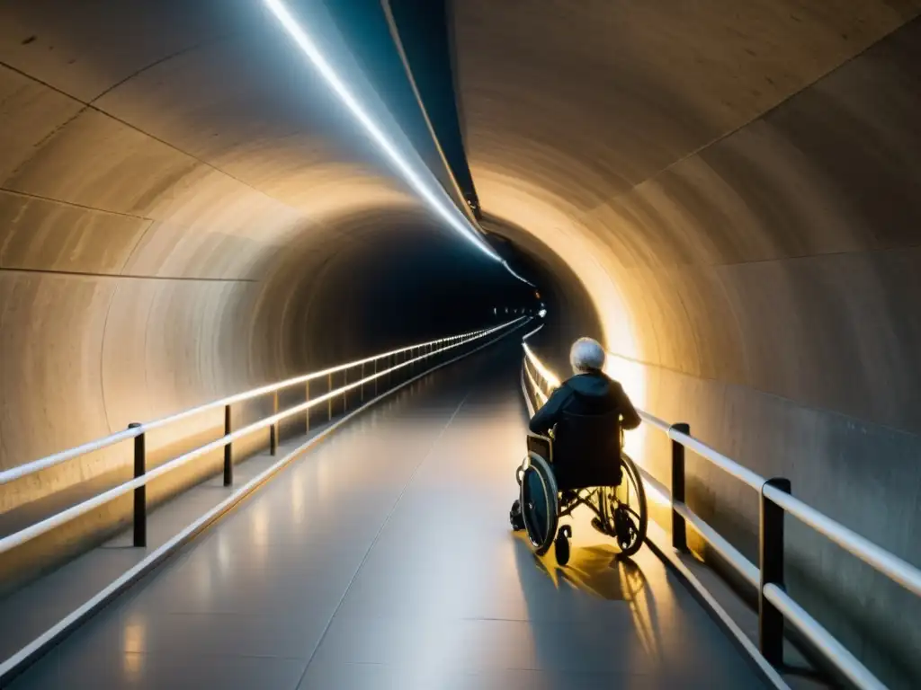 Una fotografía detallada de un túnel histórico adaptado para la accesibilidad, con visitantes de diversas capacidades explorando el espacio