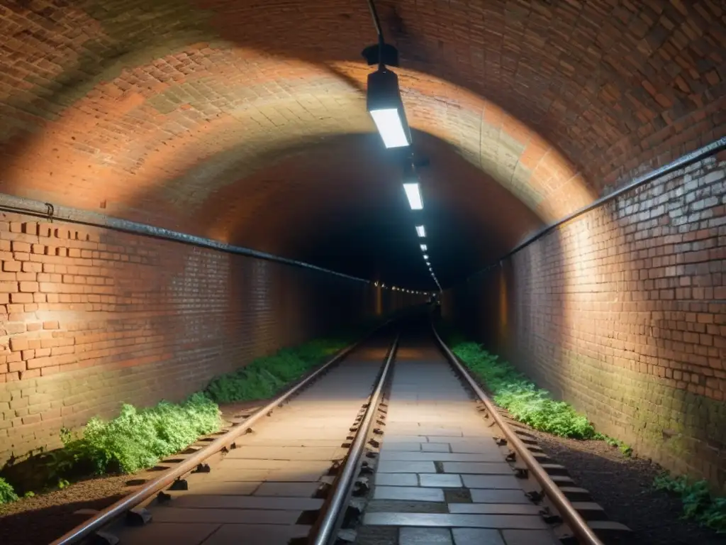 Una fotografía detallada de un túnel histórico subterráneo iluminado por una cálida luz, mostrando su intrincada arquitectura y misterio