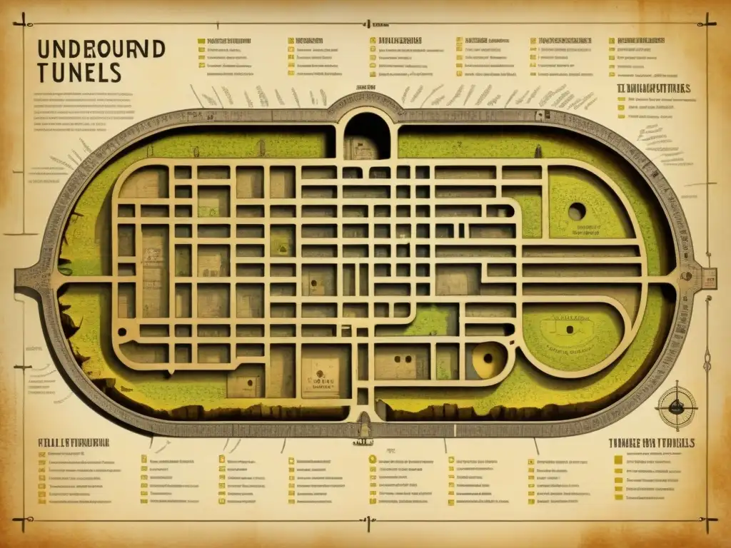 Detallada cartografía histórica de túneles subterráneos, con pasadizos, cámaras ocultas y referencias históricas, sobre pergamino envejecido