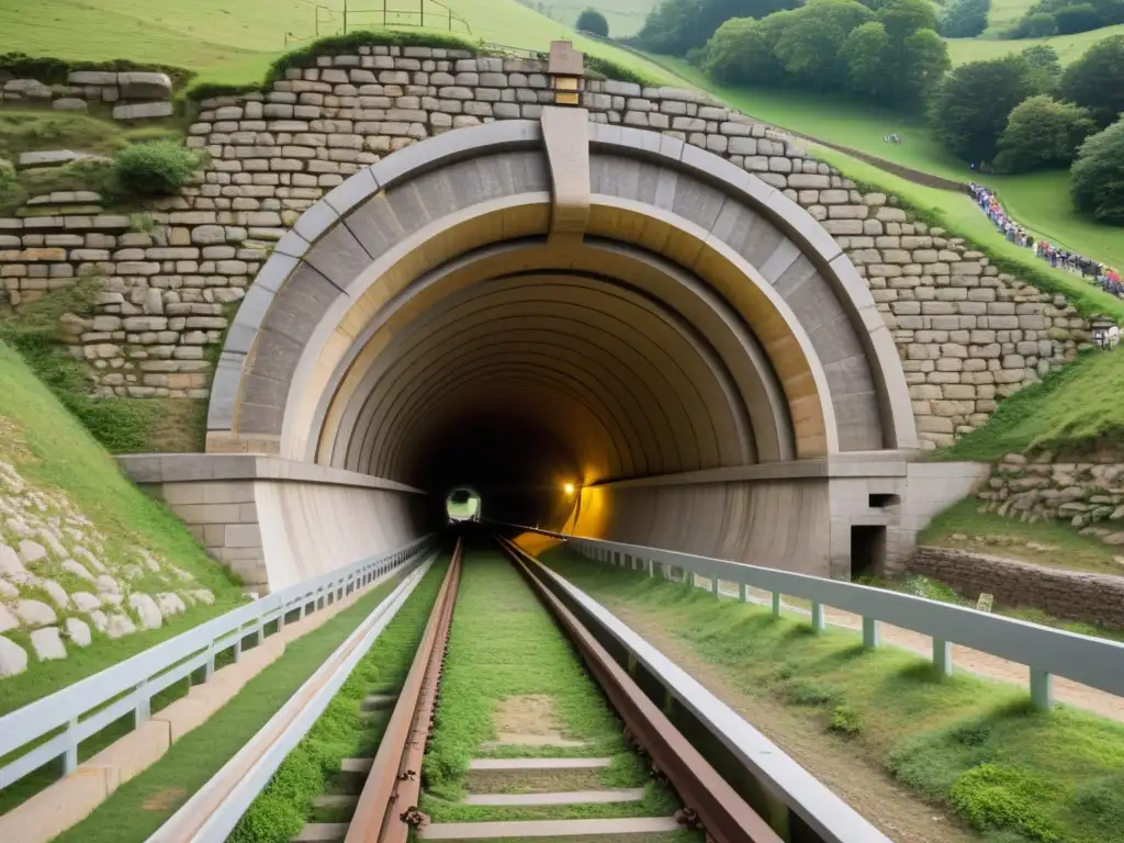 Detallado diagrama de corte de túnel histórico en rutas religiosas, con estructuras arquitectónicas y detalles de ingeniería visibles