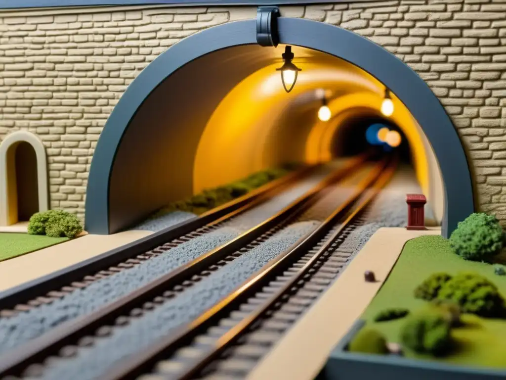 Un detallado modelo de túnel subterráneo con vías de tren, iluminación realista, figuras y detalles pintados meticulosamente