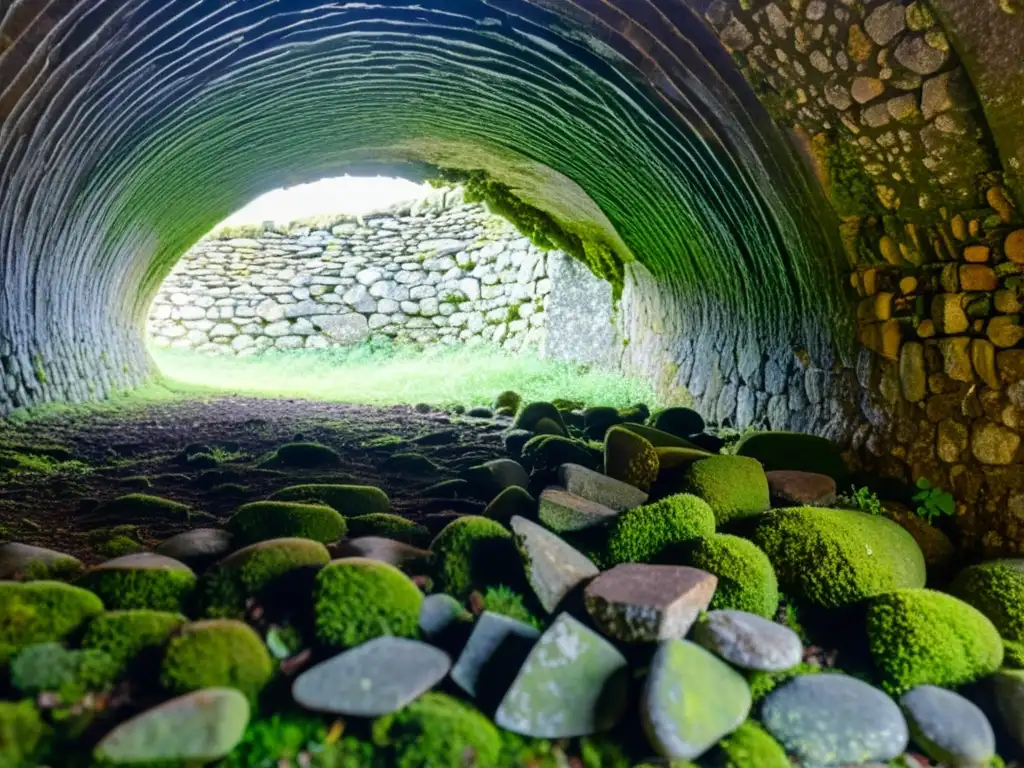 Detalle de antigua mampostería en túnel, iluminada por luz suave