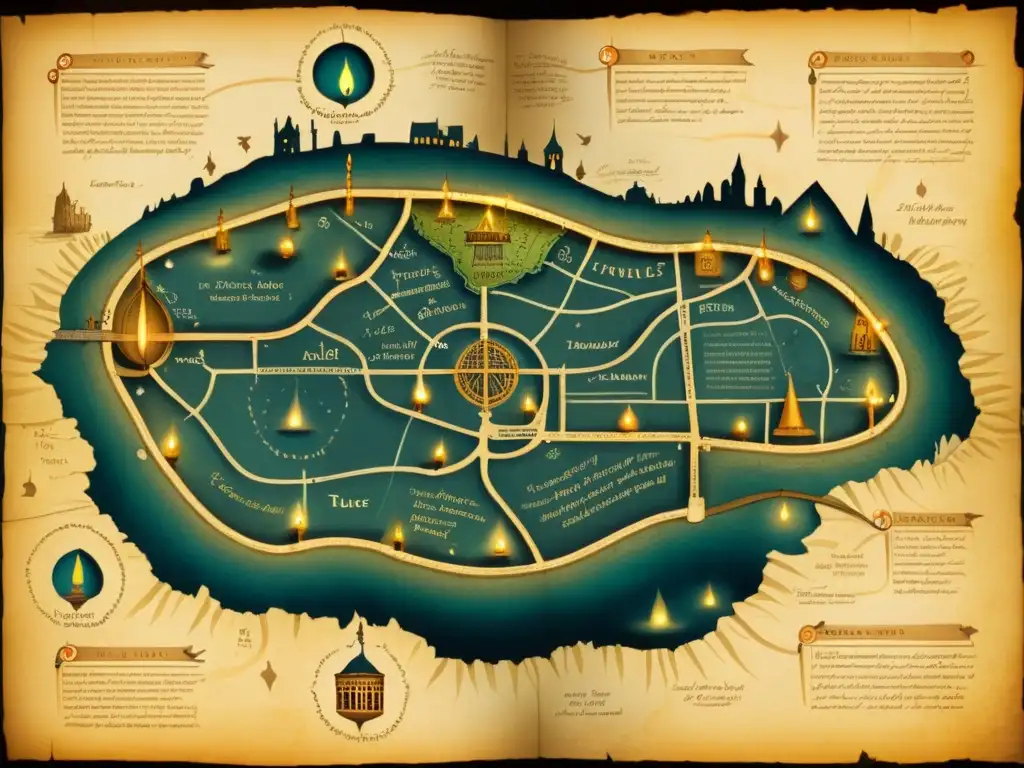 Detalle de un antiguo mapa de túneles subterráneos iluminados por linternas, evocando misterio y aventura