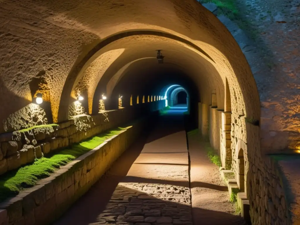 Detalle de un antiguo túnel subterráneo, mostrando su arquitectura intrincada, pasajes tenues y relevancia histórica