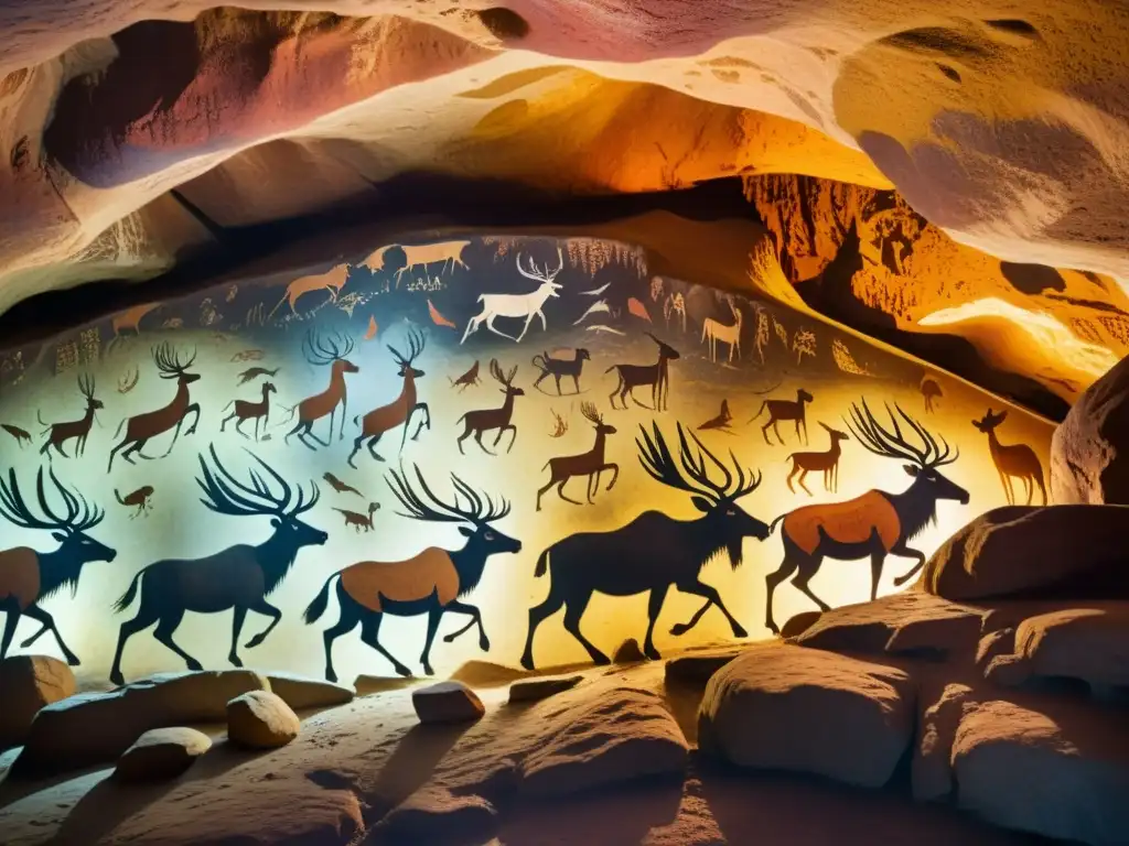 Detalle de arte rupestre en cueva iluminada por linterna, con escenas de caza y rituales