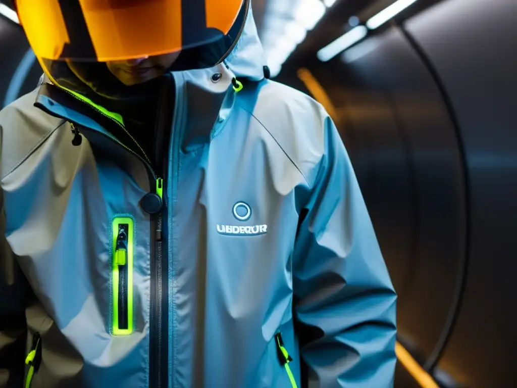 Chaqueta impermeable de alta calidad resiste la humedad bajo tierra Detalle de chaqueta resistente a la humedad subterránea con tecnología innovadora y costuras intrincadas, ideal para exploración subterránea
