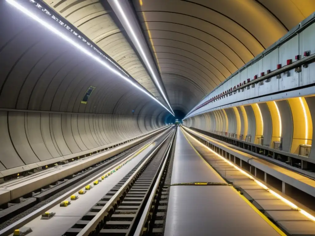 Detalle de la construcción del túnel del Canal de la Mancha, revelando el intrincado entramado de pasajes y túneles bajo el lecho marino