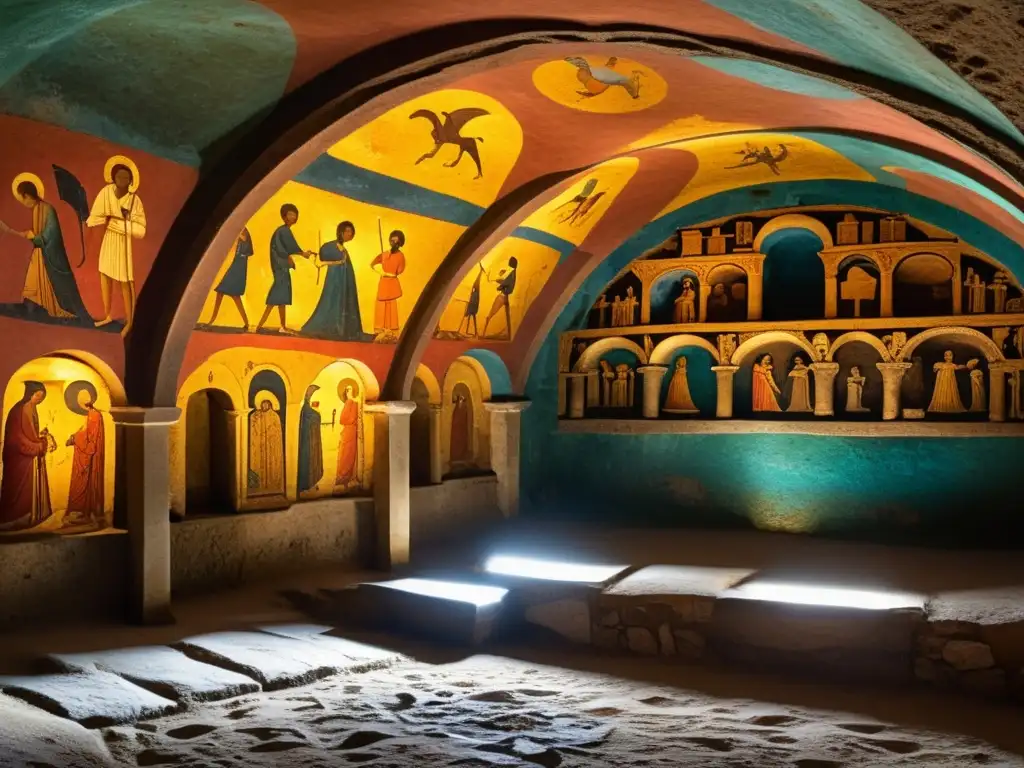 Vibrantes frescos de las Catacumbas de San Callisto Detalle de frescos en las Catacumbas de San Calixto, muestra historia y belleza de los primeros cristianos