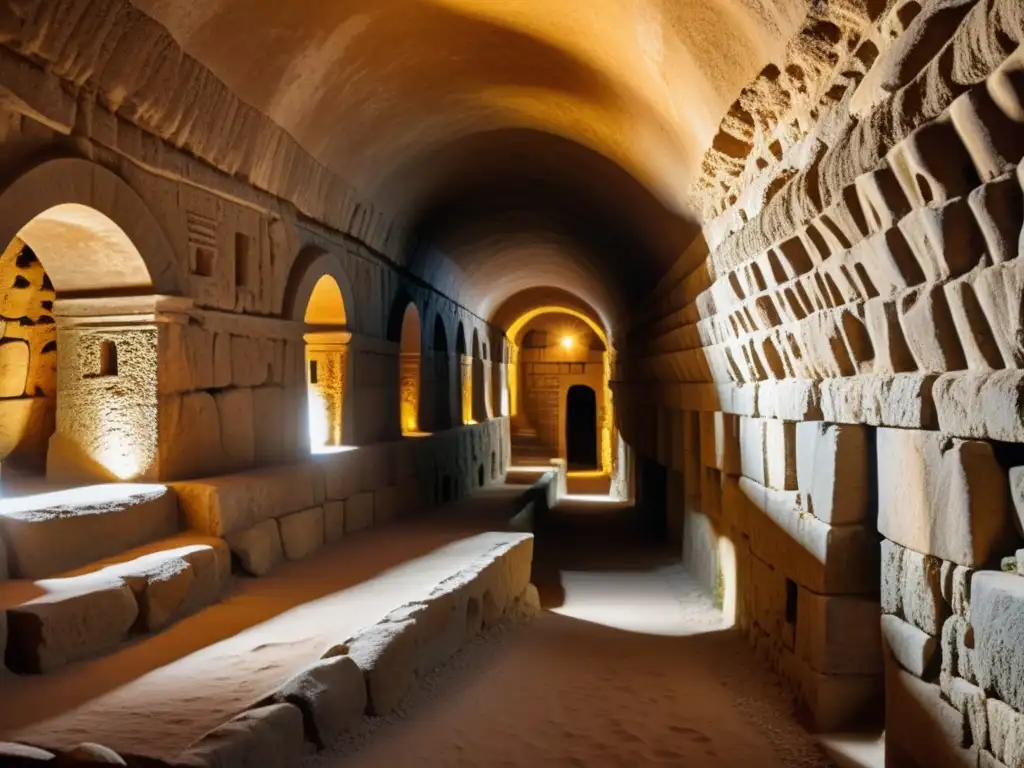 Detalle impresionante de la ingeniería antigua ciudad subterránea Derinkuyu, revelando pasadizos, muros y estructuras iluminadas por una cálida luz, mostrando su grandeza histórica