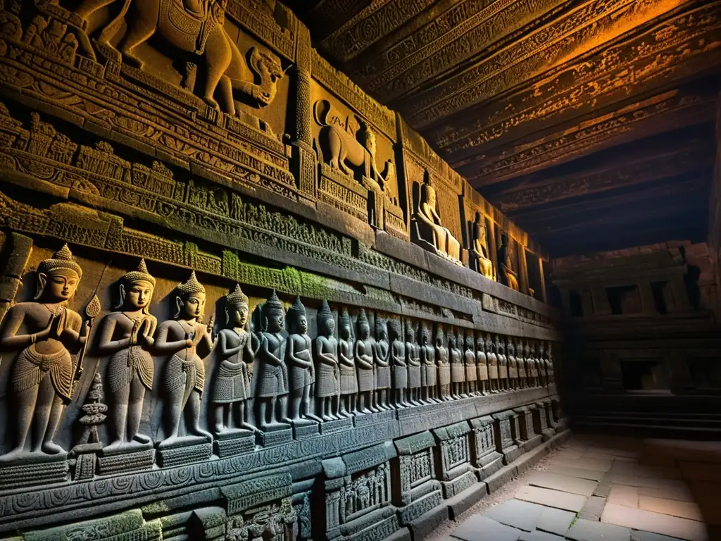 Detalle impresionante de las antiguas esculturas en los túneles subterráneos de Angkor Wat, iluminadas por la tenue luz