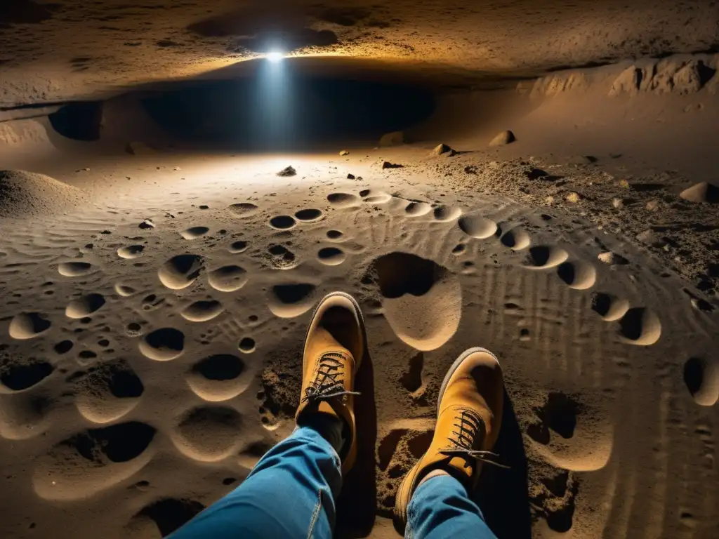 Detalle impresionante de pisadas antiguas subterráneas, revelando historias fascinantes en la cámara subterránea iluminada