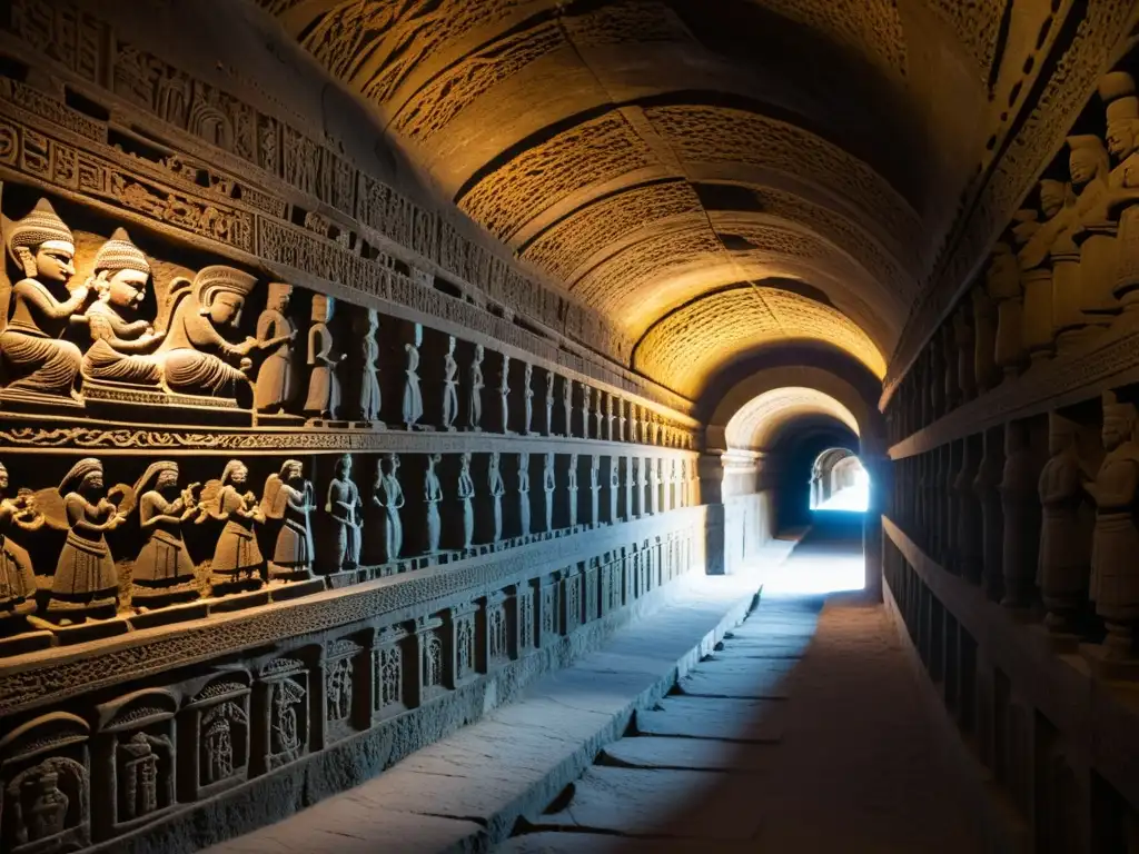 Detalle de las impresionantes esculturas en los túneles sagrados de Kailasa, India, revelando el arte antiguo en la penumbra