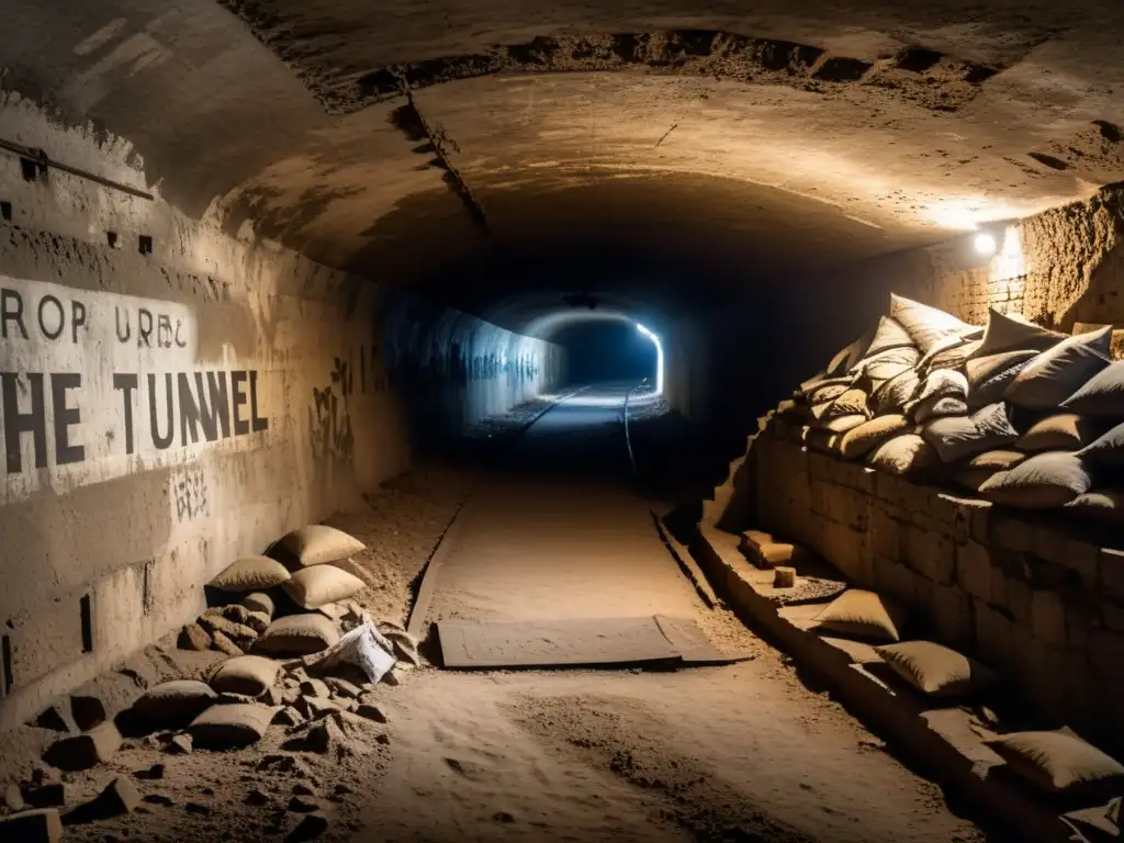 Detalle del interior de túneles de la Batalla de Stalingrado, revelando fortificaciones militares y atmósfera evocadora de la guerra