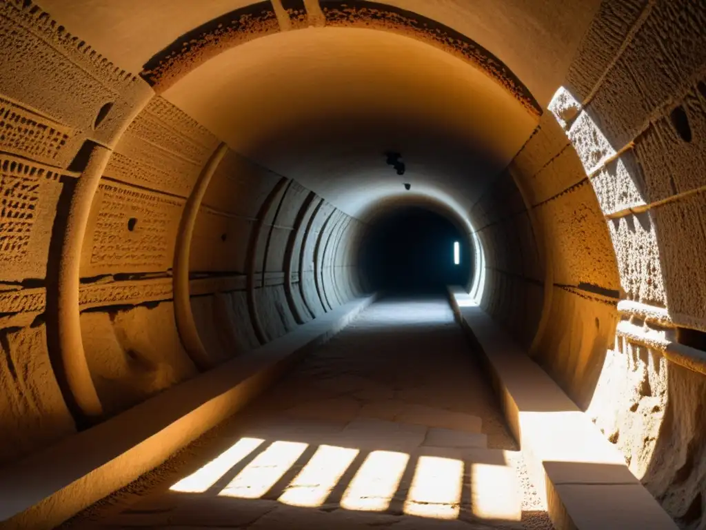 Detalle meticuloso de réplica de túnel subterráneo histórico, iluminado por antorchas, evocando su importancia histórica y artesanal