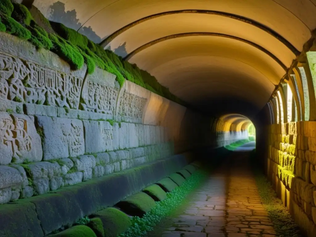 Detalle de pared de túnel histórico con piedra desgastada, musgo y juego de luces y sombras, resaltando marcas históricas