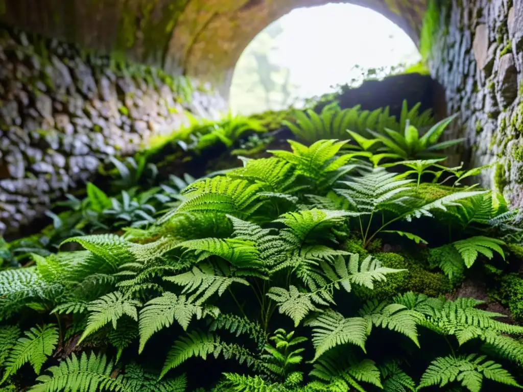 Detalle de plantas en la entrada de túneles históricos con luz filtrada y sombras naturales