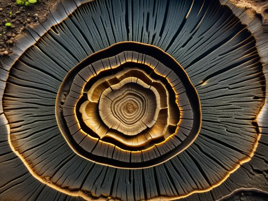 Detalle de sistema de raíces de árbol antiguo, con anillos y patrones de crecimiento, mostrando desafíos de Dendrocronología en madera subterránea