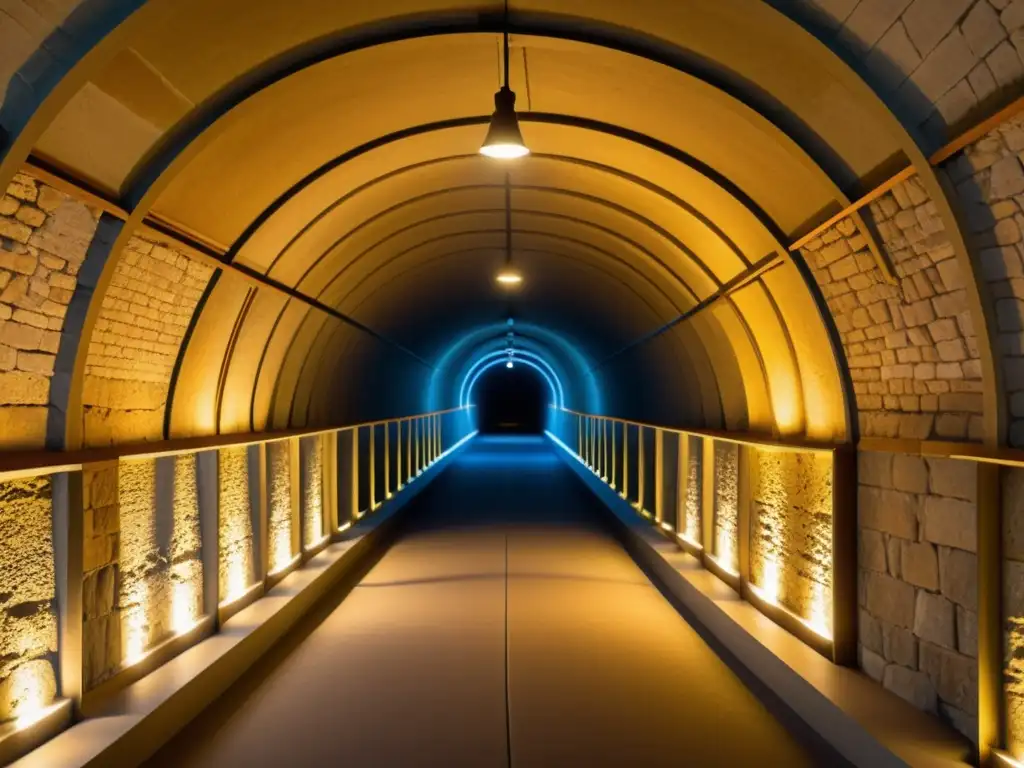 Detalle de réplica de túnel histórico iluminado, con visitantes explorando