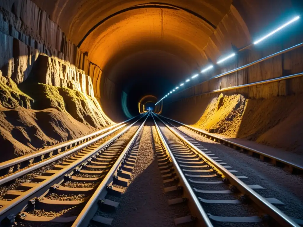 Detalle de un túnel subterráneo iluminado, mostrando formaciones rocosas y vías de carrito minero