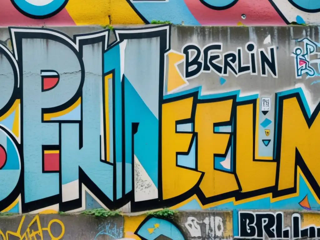 Detalle ultrarrealista del graffiti en la icónica pared de Berlín, reflejo del tour histórico búnkeres túneles Berlín