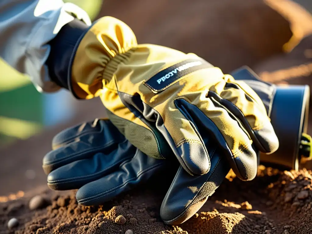 Detalles desgastados de guantes de protección para exploración, con resistente agarre y rastros de uso en entornos desafiantes