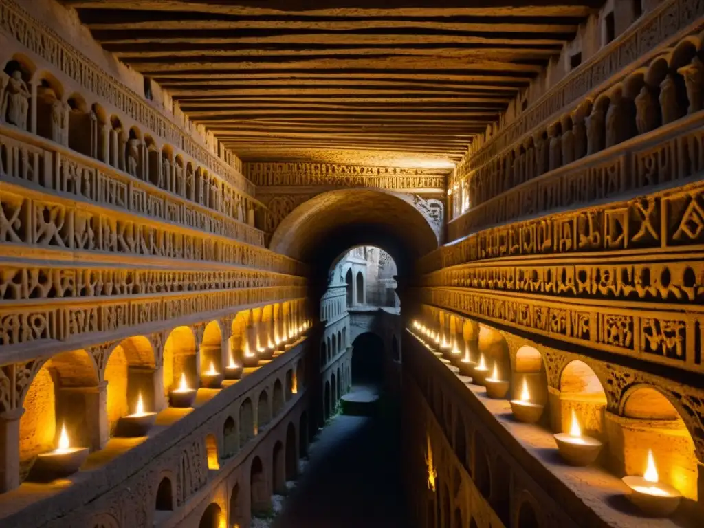 Detalles intrincados y misteriosa belleza en catacumbas históricas iluminadas por velas en Roma