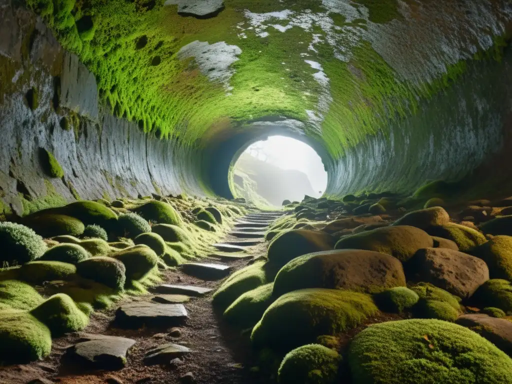 Diseño de senderos en túneles: Fotografía subterránea de un túnel iluminado por una cálida luz, con paredes cubiertas de musgo y un sendero que se pierde en la distancia