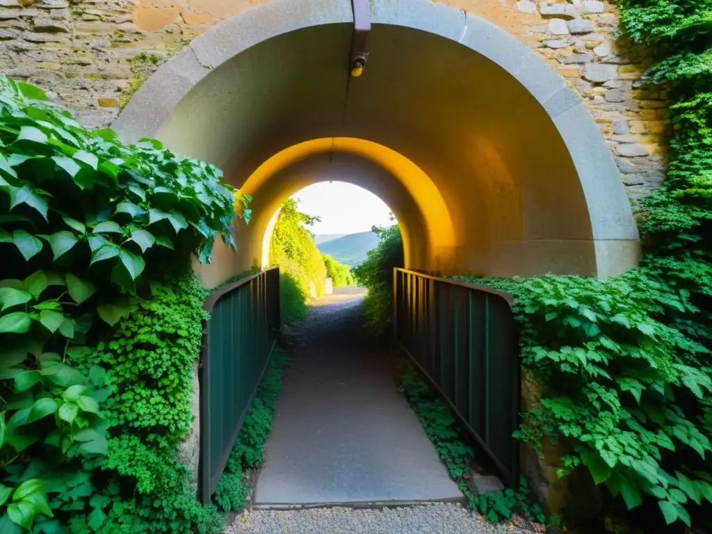 Una fotografía documental de alta resolución de la entrada de un túnel histórico, bañada por la suave luz dorada del atardecer