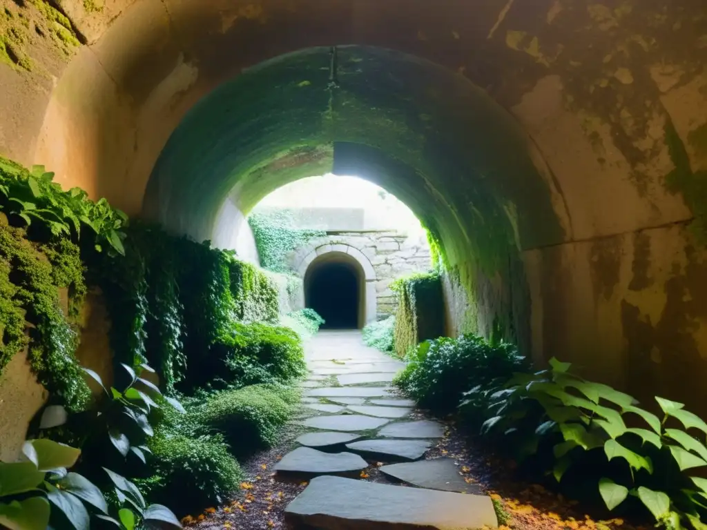 Una fotografía documental de alta resolución que muestra un antiguo túnel histórico, resaltando sus detalles arquitectónicos, la luz y las sombras