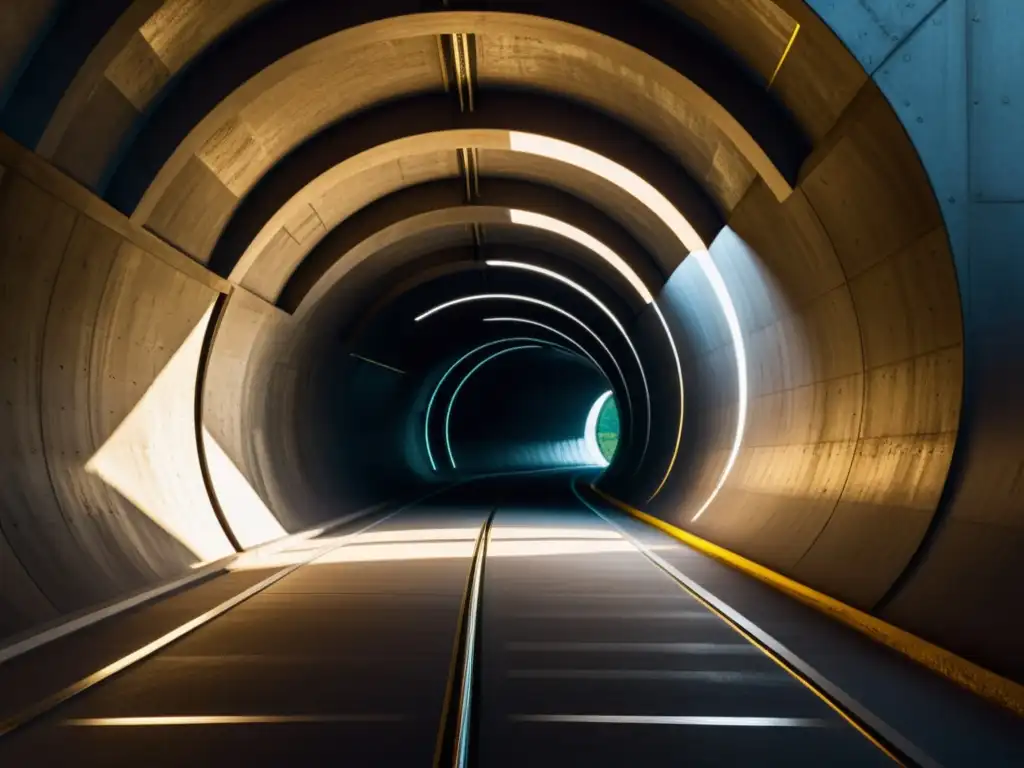 Una fotografía documental de alta resolución de un túnel moderno con una impresionante iluminación que resalta los detalles arquitectónicos