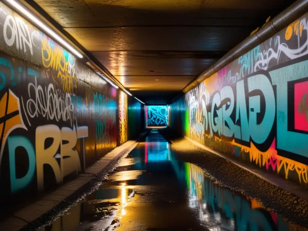 Una fotografía documental de un túnel subterráneo iluminado por una cálida luz, con paredes texturizadas cubiertas de graffiti