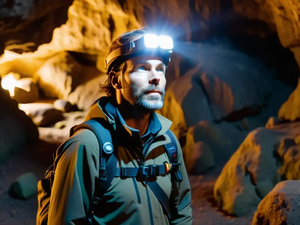 Un documentalista explora una cueva con una cámara de video profesional, iluminado por una lámpara frontal