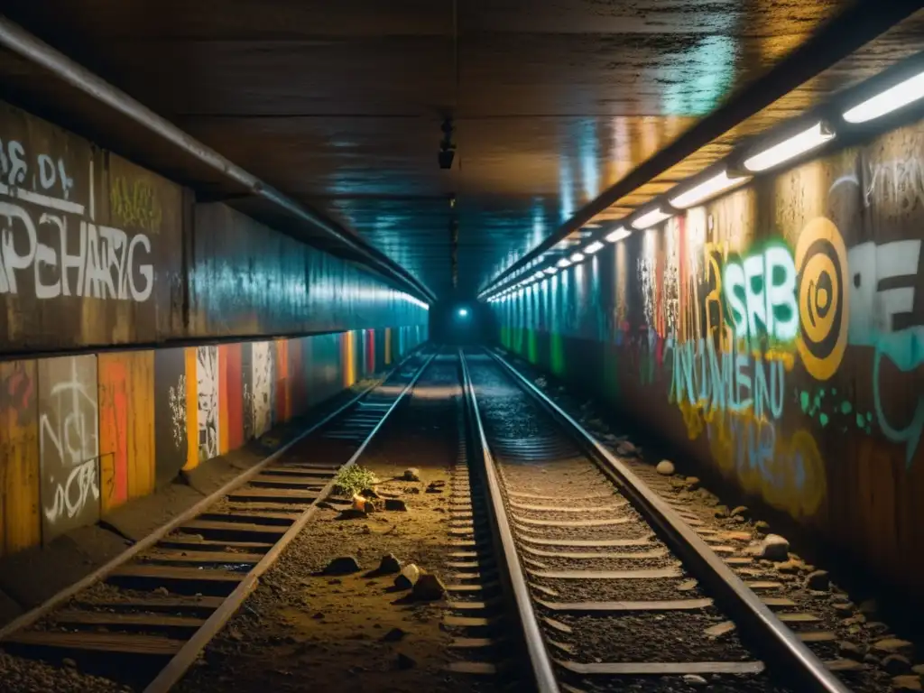 Túnel de drogas en Tijuana: Un oscuro pasadizo subterráneo con graffiti y basura, iluminado por una luz tenue al final