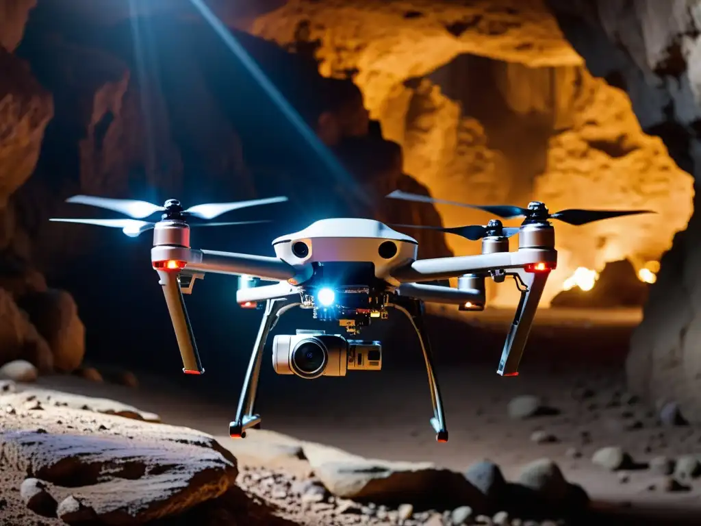 Dron de alta tecnología para exploración subterránea, iluminando cuevas rocosas con precisión y detalle