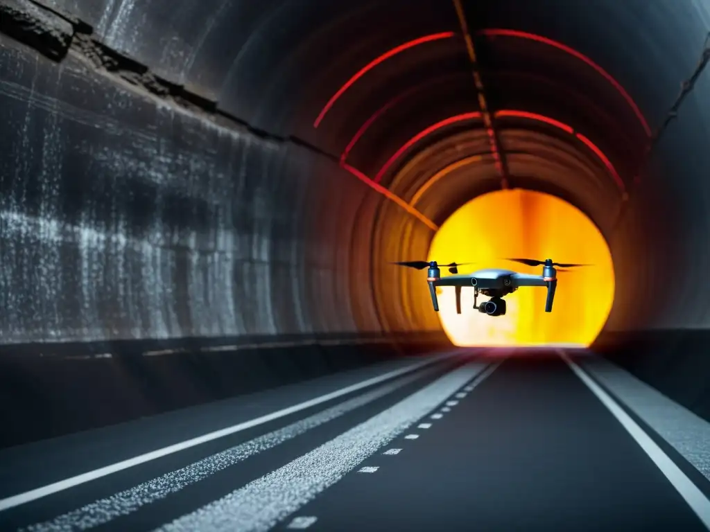 Dron con cámara térmica explora túnel, revelando detalles con luz LED