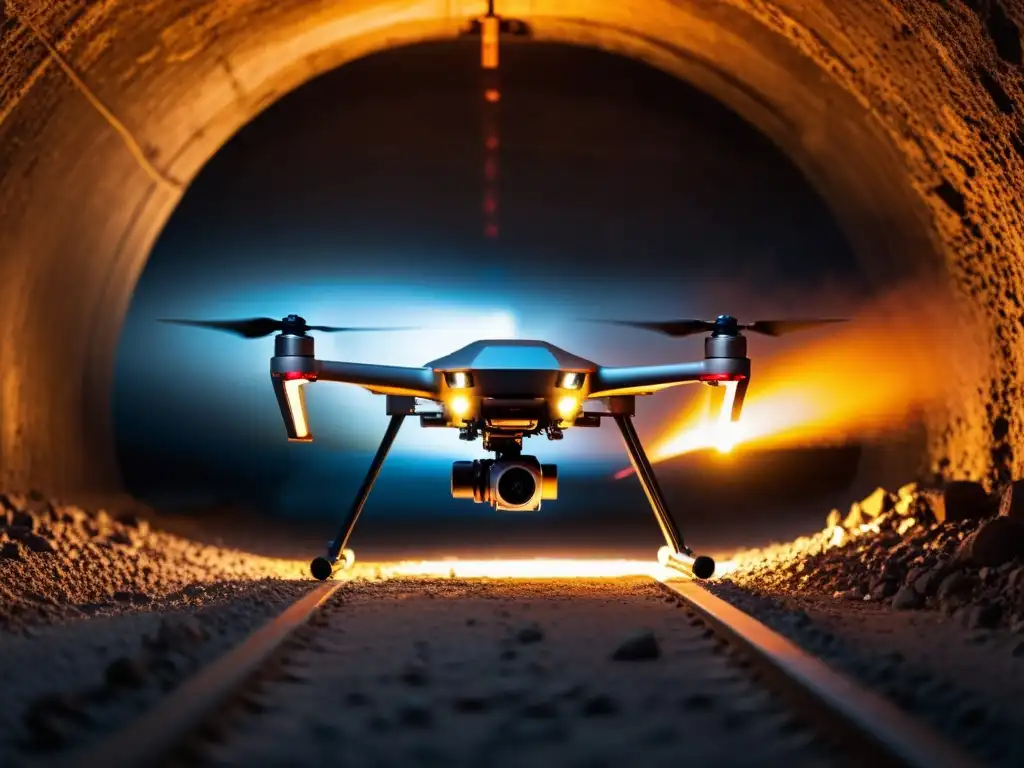 Dron con cámara térmica explora túnel misterioso, evocando aventura y descubrimiento en entornos desafiantes