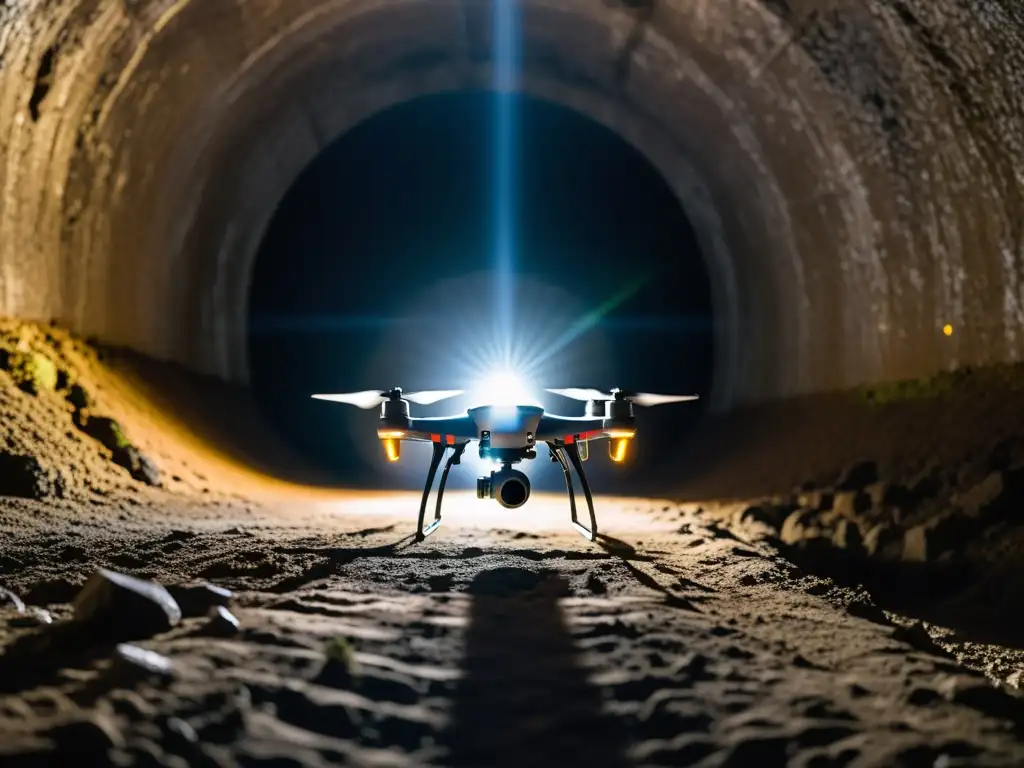 Un dron con cámara térmica explora un túnel oscuro, iluminando con sus luces LED las paredes rugosas y capturando calurosas señales de calor