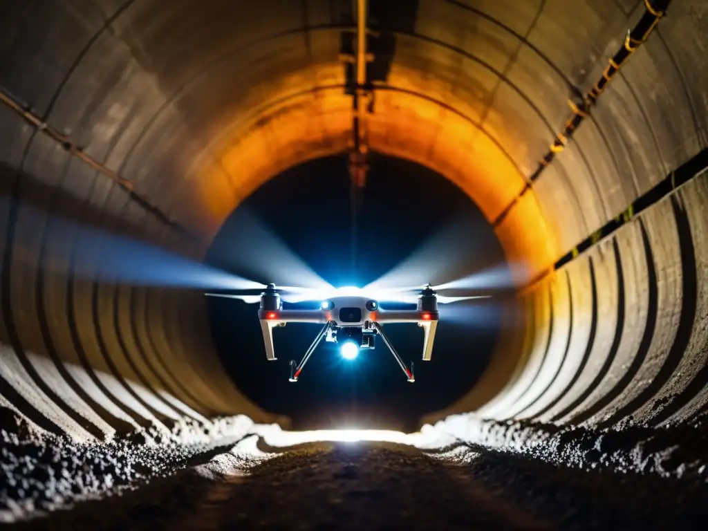 Dron de diseño vanguardista con cámara térmica explorando un túnel oscuro y estrecho