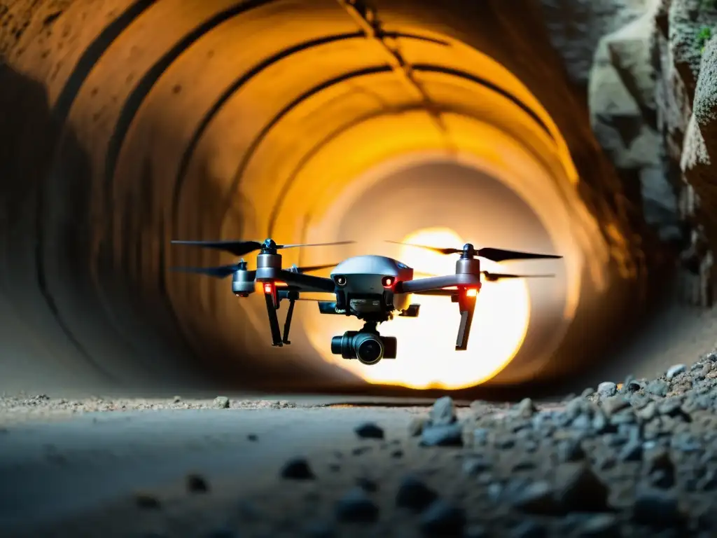 Un dron con disparador remoto captura imágenes detalladas en un túnel subterráneo iluminado